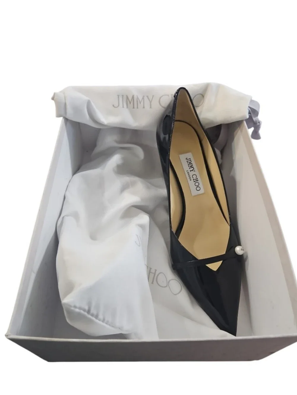 Jimmy Choo Black Patent Rosalia 65 Pointed Pearl Pump Heel 10